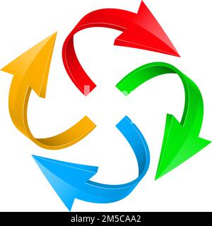 3D frecce colorate lucide. Illustrazione con un set Volume di cursori, Web Signs. Illustrazione eseguita in un progetto sferico su sfondo bianco Illustrazione Vettoriale