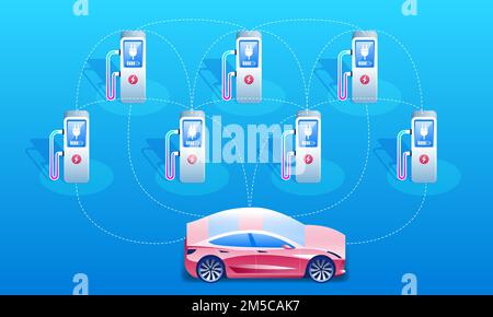 Rete di auto elettriche e stazioni di ricarica. Concetto di elettromobilità e-motion. Rete dei caricabatteria elettrici. Illustrazione Vettoriale