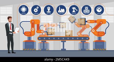 Uomo d'affari che utilizza un tablet per controllare la macchina del braccio del robot di automazione in una fabbrica intelligente industriale. Infografica industria 4,0. Illustrazione vettoriale Illustrazione Vettoriale