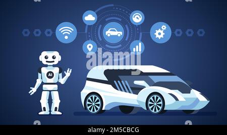 Auto autonoma. Auto a guida autonoma con robot e icone. Intelligenza artificiale in viaggio. Illustrazione delle infografiche vettoriali Illustrazione Vettoriale