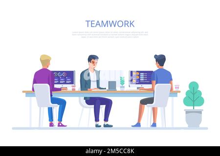 Lavoro di squadra in ufficio. Persone creative per la discussione di idee di gruppo. Caratteri aziendali nell'ambiente di lavoro. Illustrazione vettoriale Illustrazione Vettoriale