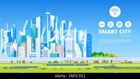 Città intelligente con icone di servizi intelligenti, Internet delle cose. Illustrazione vettoriale. Illustrazione Vettoriale