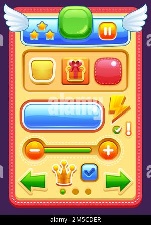 Elementi dell'interfaccia di gioco pulsanti, barra di avanzamento, icone e campi per il gioco Illustrazione Vettoriale