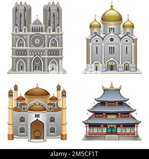 Edifici religiosi. Luogo di culto. Cattedrale cattolica, cattedrale ortodossa, tempio buddista e moschea. Illustrazione vettoriale eps 10. Illustrazione Vettoriale