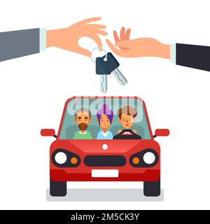 Concetto di car sharing con personaggi che danno le chiavi dell'auto Illustrazione Vettoriale