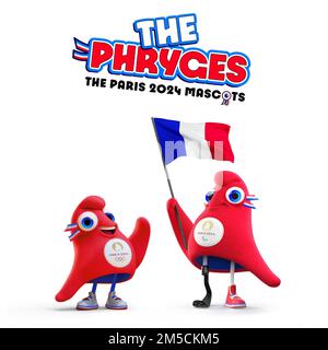 (221228) -- PECHINO, 28 dicembre 2022 (Xinhua) -- l'immagine mostra i Frigi, le mascotte ufficiali per Parigi 2024. 'Ouvrons Grand Les Jeux', che significa 'Giochi a tutto campo', è stato svelato il 25 luglio come slogan condiviso per i Giochi Olimpici e Paralimpici di Parigi del 2024. Un cappellino frigio chiamato i Frigi fu svelato il 14 novembre come mascotte ufficiale per la Parigi 2024. Sia i Giochi Olimpici che Paralimpici usano lo stesso design con lievi differenze. (Comitato organizzatore di Parigi 2024/Handout via Xinhua) Foto Stock