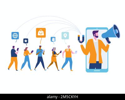 Marketing influencer. Potenziali acquirenti di prodotti o acquirenti di prodotti di consumo, attività di comunicazione online o ricerca digitale sui clienti Illustrazione Vettoriale