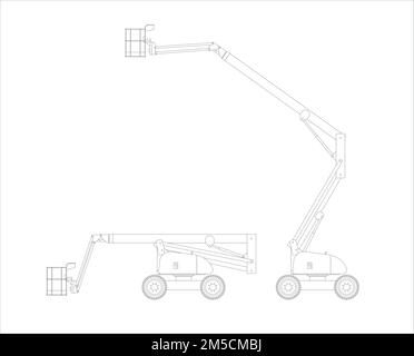 Set di schizzi vettoriali di piattaforme di sollevamento telescopiche semoventi. Posizione di trasporto e di lavoro. Illustrazione vettoriale. Illustrazione Vettoriale