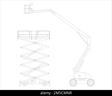 Set di schizzi vettoriali di piattaforme di sollevamento per costruzioni semoventi. Forbice e ginocchia. Illustrazione del vettore piatto. Illustrazione Vettoriale