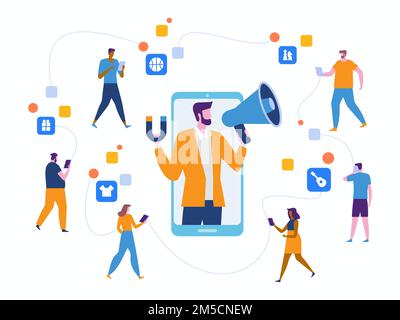 Marketing influencer. Potenziali acquirenti di prodotti o acquirenti di prodotti di consumo, attività di comunicazione online o ricerca digitale sui clienti Illustrazione Vettoriale