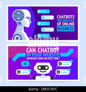 Concetto di banner chatbot. Modello di banner aziendale orizzontale. Modello di sfondo dell'intestazione della copertina vettoriale in stile piatto con posizione per il testo Illustrazione Vettoriale