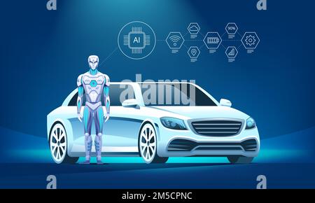 Veicolo di lusso autonomo con robot e icone infografiche Illustrazione Vettoriale