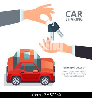Concetto di car sharing consumo collaborativo e sharing economy mano che dà le chiavi dell'auto Illustrazione Vettoriale