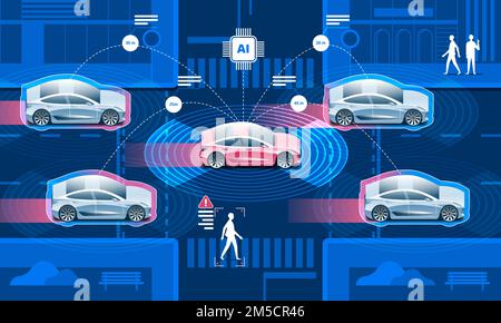 Rete wireless del veicolo. Strada in città con auto autonome senza conducente e persone che camminano per strada. Illustrazione Vettoriale