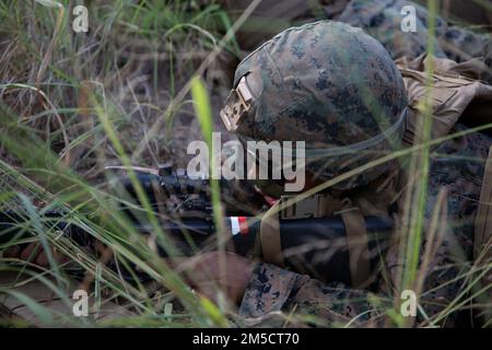 NEGLI STATI UNITI Marine with Marine Wing Support Squadron 174 detiene la sicurezza durante un esercizio di addestramento presso Marine Corps Training Area Bellows, 2 marzo 2022. L'esercizio di formazione è stato condotto per produrre la prontezza, preparando le forze operative a dispiegarsi in un attimo. Foto Stock