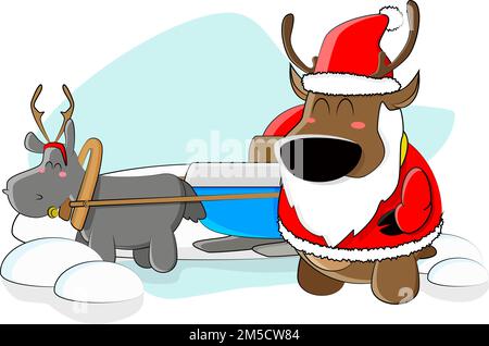 Un cervo allegro vestito come Babbo Natale e sta per diffondere doni a tutti gli animali della foresta Illustrazione Vettoriale