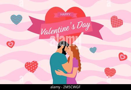 felice giorno di san valentino sfondo piatto con abbracciare e baciare coppia sullo sfondo dai cuori divertenti e nuvole di colore Illustrazione Vettoriale