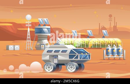 Colonizzazione di Marte. Campo base. Vani residenziali con serre e rover. Illustrazione vettoriale Illustrazione Vettoriale