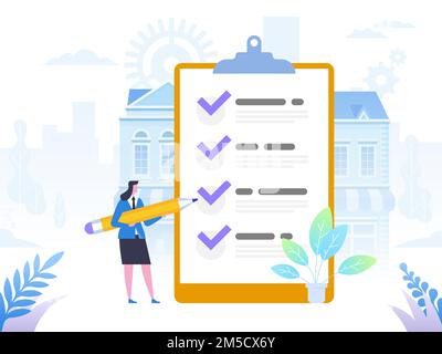 Completamento delle attività aziendali. Uomo d'affari positivo con una matita gigante sulla sua spalla vicino contrassegnato checklist su una carta appunti. Piatto Illustrazione Vettoriale