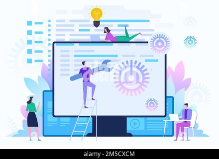 Concetto IT di sviluppo back-end. Processo di sviluppo del software. Le persone configurano l'applicazione sul grande schermo LCD con gli ingranaggi. Illustrazione vettoriale Illustrazione Vettoriale