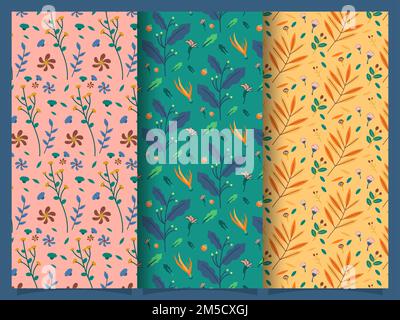 I set rosa, verde e giallo della collezione di motivi floreali con uno stile di illustrazione vettoriale disegnato a mano Illustrazione Vettoriale