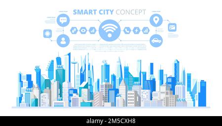 Smart city con smart services e le icone, internet delle cose, le reti e la realtà aumentata concept Illustrazione Vettoriale