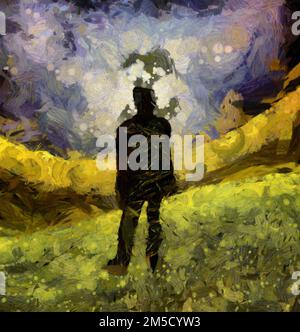 Pittura surreale. L'uomo in tuta è in piedi sul campo. Rendering 3D Foto Stock