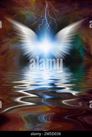 Shining angel wings al di sopra della superficie dell'acqua. Il rendering 3D Foto Stock