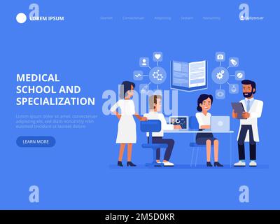 Scuola medica e specializzazione. Gruppo di studenti di medicina o infermieri. Tirocinanti in piedi insieme in uniforme medico. Illustrazione vettoriale nella Illustrazione Vettoriale