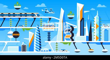 Eco friendly città piatto vettore illustrazione. Futuro centro città, metropoli sostenibile. Innovazione delle infrastrutture, tecnologia ecologicamente sicura cartoon c Illustrazione Vettoriale