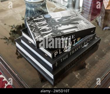 Libri eleganti e di tendenza in cima a un tavolo con tetto in vetro realizzato con un'antica porta di Dubai. Immagini stile rivista. Foto Stock