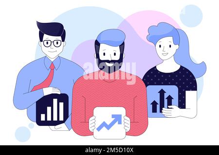 Team aziendale di avvio con icone di crescita e progetti di investimento. Successo del lavoro di squadra. Concetto di gente di affari di disegno piatto. Illustrazione vettoriale per il Web Illustrazione Vettoriale