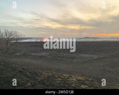 LEWISVILLE, Texas (2 marzo 2022) i vigili del fuoco e le agenzie partner combattono contro un'area di prateria bruciata sotto la diga del lago Lewisville. Un incendio prescritto è stato avviato presso la Lewisville Lake Environmental Learning Area a Lewisville Lake nel tentativo di creare, ripristinare e rivitalizzare praterie sotto la diga di Lewisville. Si presume che questo incendio sia stato controllato prima delle 12:00, ma a causa di cambiamenti del vento e delle condizioni meteorologiche, l'incendio è sfuggito alla sua area prevista. Vigili del fuoco di Fiore Mound, Frisco e diverse altre città circostanti hanno risposto alle richieste di aiuto reciproco con i camion spazzoloni per aiutare la contata Foto Stock