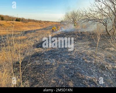 LEWISVILLE, Texas (2 marzo 2022) i vigili del fuoco e le agenzie partner combattono contro un'area di prateria bruciata sotto la diga del lago Lewisville. Un incendio prescritto è stato avviato presso la Lewisville Lake Environmental Learning Area a Lewisville Lake nel tentativo di creare, ripristinare e rivitalizzare praterie sotto la diga di Lewisville. Si presume che questo incendio sia stato controllato prima delle 12:00, ma a causa di cambiamenti del vento e delle condizioni meteorologiche, l'incendio è sfuggito alla sua area prevista. Vigili del fuoco di Fiore Mound, Frisco e diverse altre città circostanti hanno risposto alle richieste di aiuto reciproco con i camion spazzoloni per aiutare la contata Foto Stock