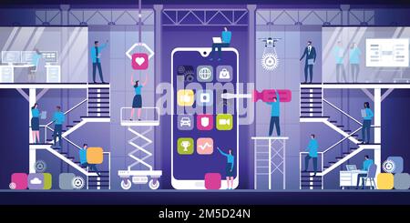 Concetto di sviluppo di app mobili con personaggi. Sviluppatori che creano app mobili e lavorano insieme su un'interfaccia utente, una comunicazione e una tecnologia Illustrazione Vettoriale
