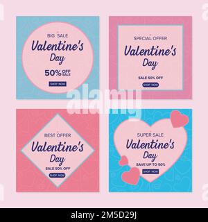 set di san valentino instagram post template con cuori sullo sfondo in quattro varianti di cerchio, quadrato, rombo e cuore Illustrazione Vettoriale