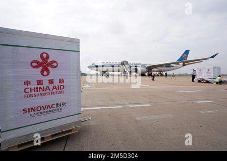 Pechino, Cina. 28th Mar, 2022. Questa foto scattata il 28 marzo 2022 mostra pacchetti di vaccino Sinovac COVID-19 donato dalla Cina all'aeroporto internazionale Phnom Penh di Phnom Penh, Cambogia. Credit: Ly Lay/Xinhua/Alamy Live News Foto Stock