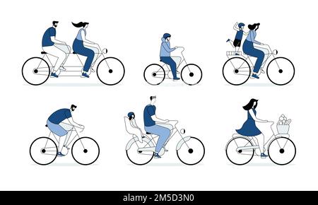 Persone su biciclette piano vettore illustrazioni set. Personaggi cartoni animati per adulti e bambini. Trasporto personale, pacchetto veicoli ecologici. Uomo a cavallo c Illustrazione Vettoriale