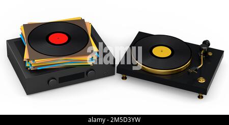 Sistema Hi-Fi con giradischi e amplificatore per home theater su sfondo bianco. Foto Stock