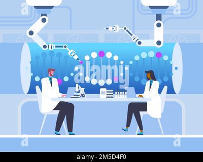 Illustrazione del vettore piano del laboratorio biotecnologico. Medici maschili e femminili, scienziati personaggi cartoni animati. Medicina futuristica, ingegneria genetica, m Illustrazione Vettoriale