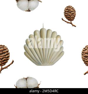 Cotone, pino e candele acquerello senza cuciture. Clipart disegnata a mano isolata su sfondo bianco. Stampa invernale per le festività. Per l'invito al matrimonio Foto Stock