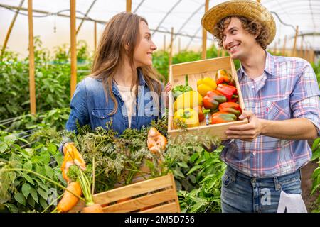 Coppia romantica di agronomi flirtare in una serra Foto Stock