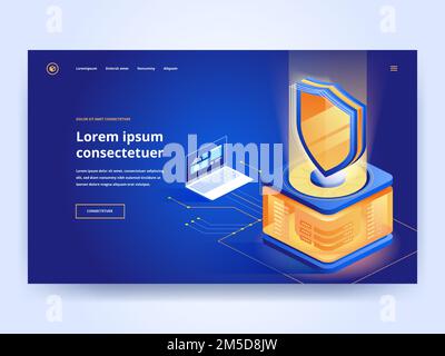 Modello di landing page blu per il software di sicurezza informatica. Antivirus, software di sicurezza malware homepage UI idea con illustrazioni isometriche vettoriali. Sicuro onli Illustrazione Vettoriale