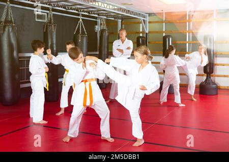 Ragazzi che lavorano in coppia, padroneggiare i calci in classe karate Foto Stock