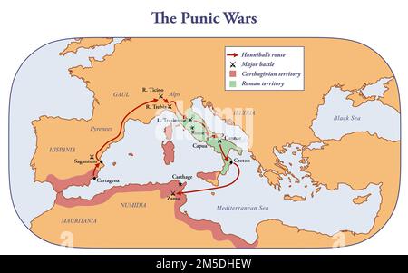 Mappa dei territori controllati da Roma e Cartagine durante le guerre puniche Foto Stock