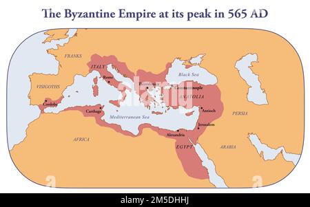 Mappa dell'Impero Bizantino nella sua massima estensione nel 565 d.C. Foto Stock