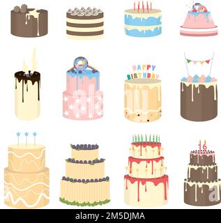 Set di torte colorate. Pasticceria diversa per le vacanze. Illustrazione Vettoriale