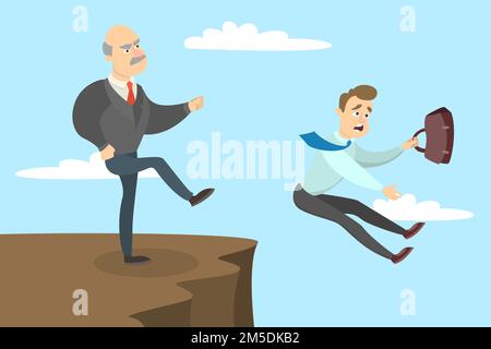 Boss prende a calci il dipendente dalla scogliera. Illustrazione Vettoriale