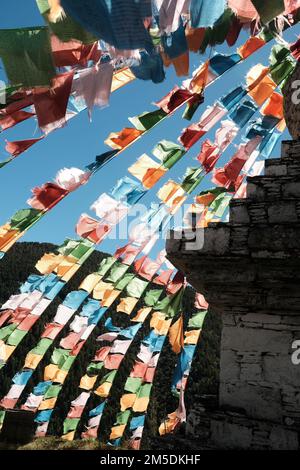 Bandiere di preghiera tibetane che soffiano nel vento. Bandiere tibetane colorate nel cielo blu e alla luce del sole. Stupa buddista con bandiere di preghiera tibetane nel paesaggio. Foto Stock