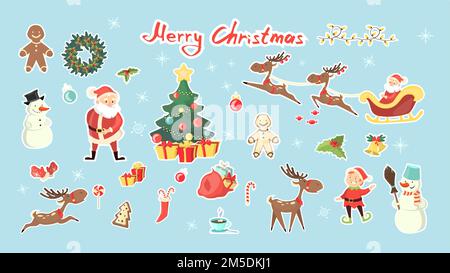 Buon Natale set. Babbo Natale con pupazzo di neve, cervi e pan di zenzero, regali e decorazioni. Illustrazione Vettoriale